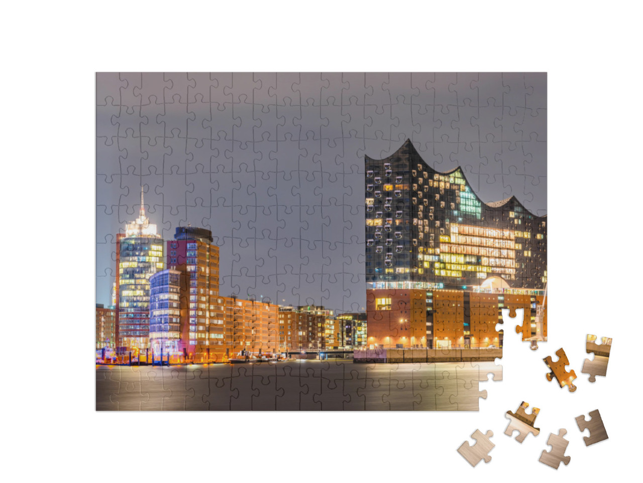 Puzzle 200 pezzi „Elbphilharmonie e porto di Amburgo di notte“