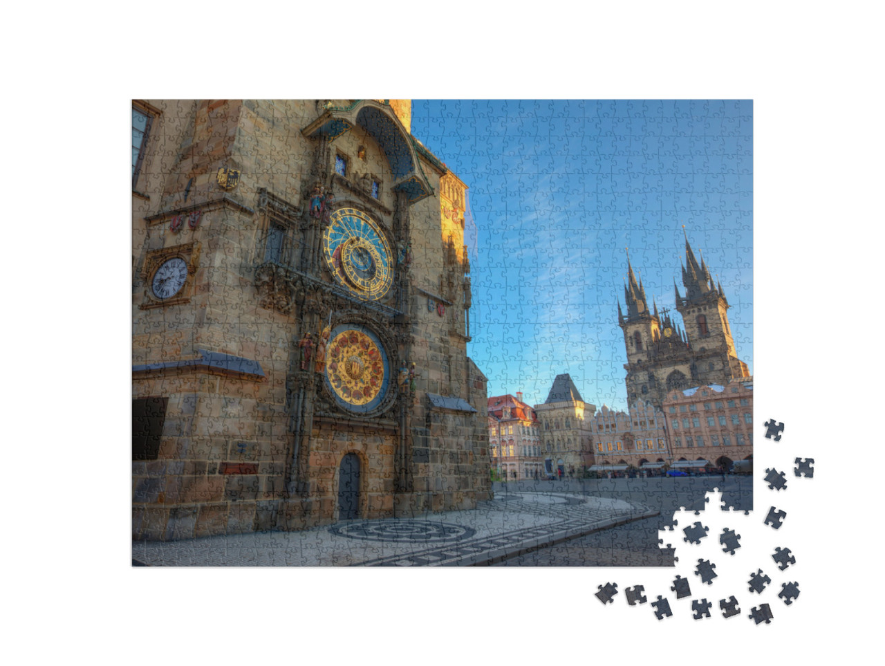 Puzzle 1000 pezzi „Piazza della Città Vecchia di Praga, l'alba alla Torre dell'Orologio Astronomico“