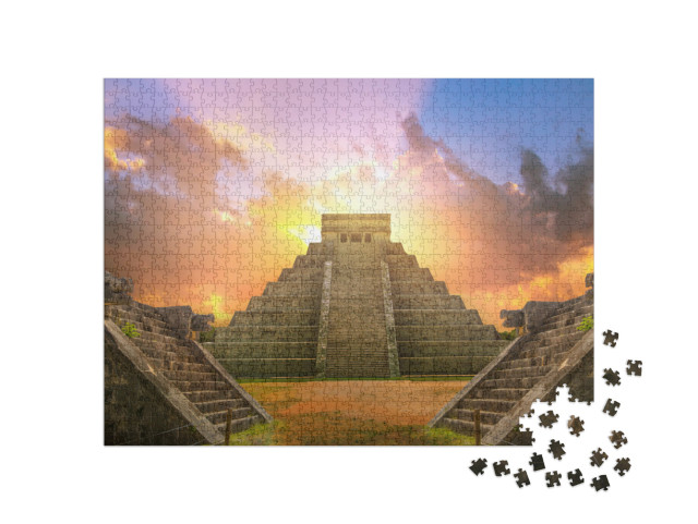 Puzzle 1000 pezzi „La piramide maya El Castillo di Kukulcan al tramonto“