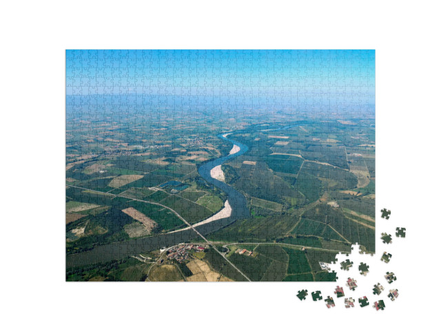 Puzzle 1000 pezzi „Veduta aerea del fiume Po nell'area della provincia di Cremona, Lombardia, Italia settentrionale“
