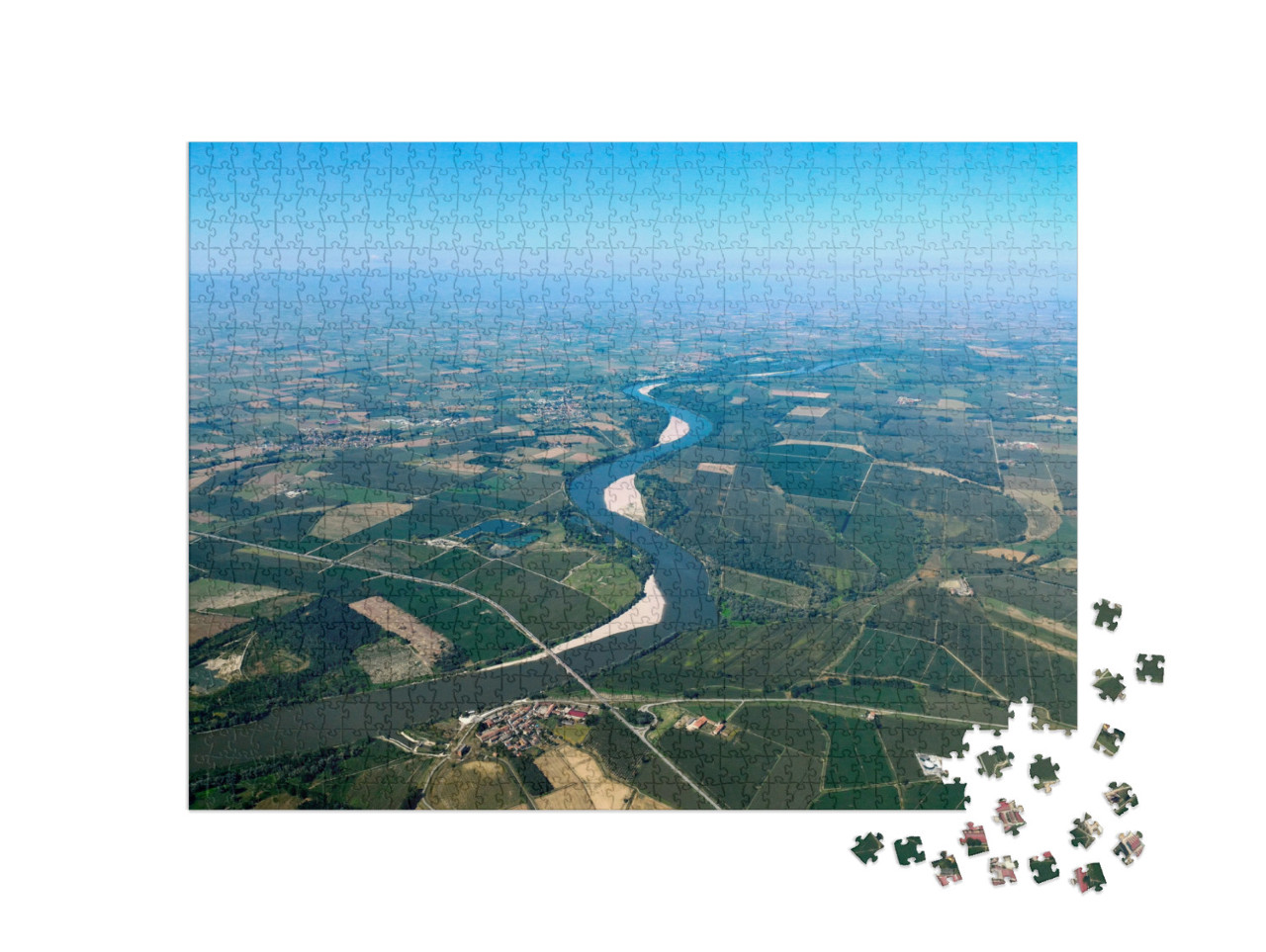 Puzzle 1000 pezzi „Veduta aerea del fiume Po nell'area della provincia di Cremona, Lombardia, Italia settentrionale“