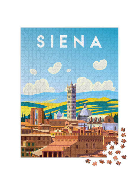 Puzzle 1000 pezzi „Poster di viaggio di Siena e della Toscana. Illustrazione vettoriale di disegno fatto a mano.“