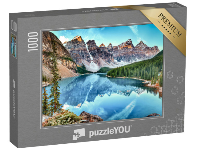 Puzzle 1000 pezzi „Un limpido lago di montagna in un pittoresco panorama montano, Alberta, Canada“