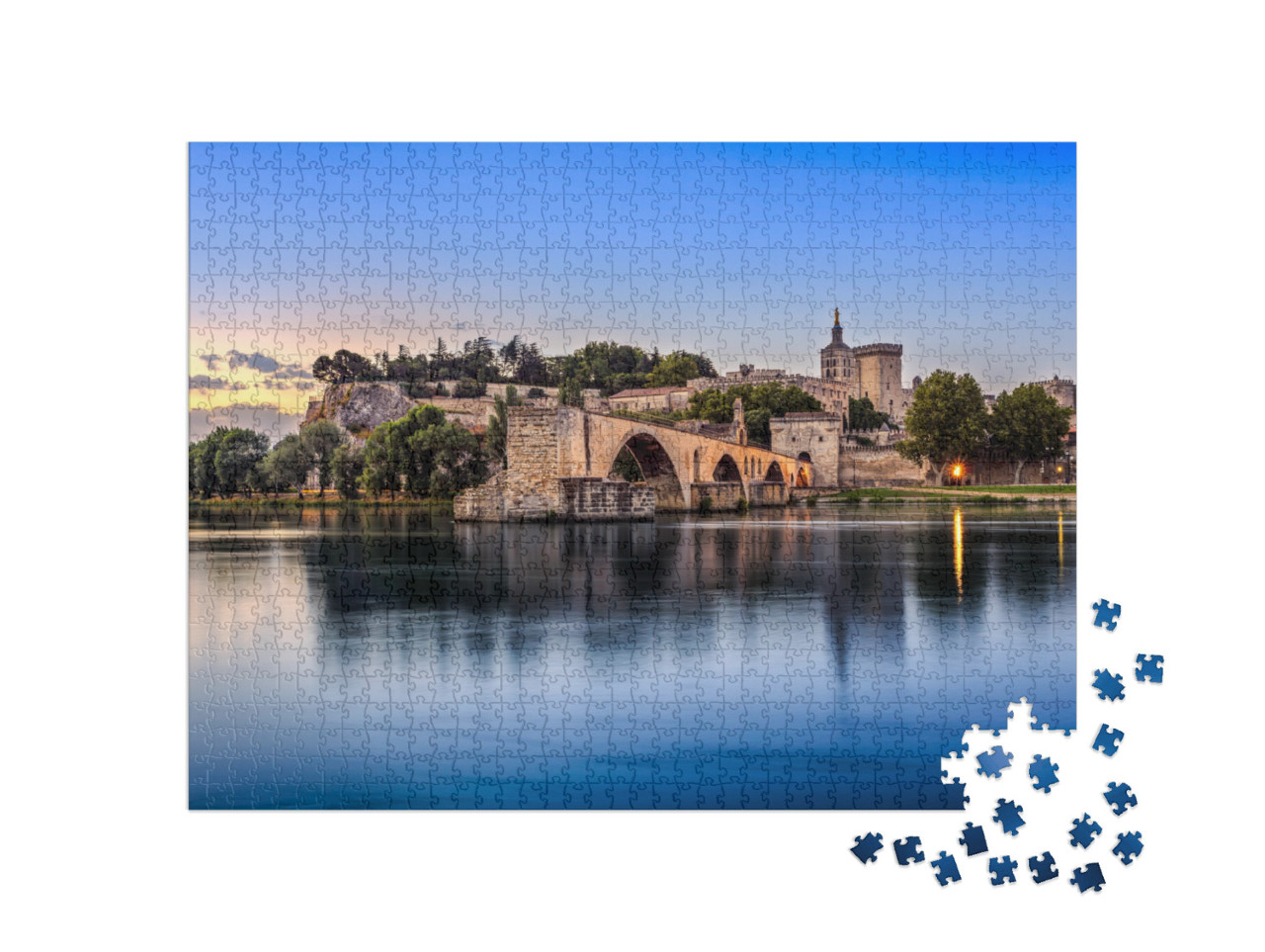 Puzzle 1000 pezzi „Ponte di Avignone con il palazzo del Papa e il Rodano, alba, Francia“