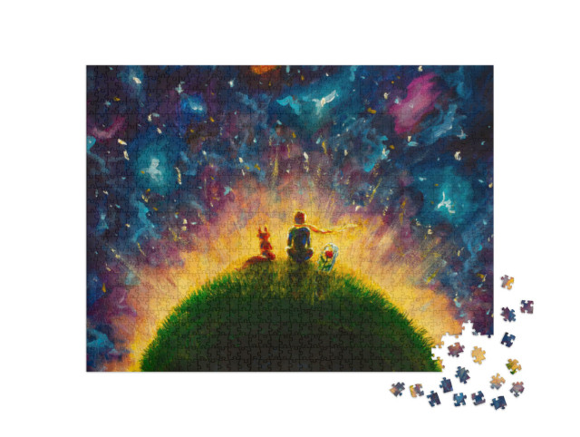 Puzzle 1000 pezzi „Il Piccolo Principe, la Volpe e la Rosa Rossa seduti nell'erba“