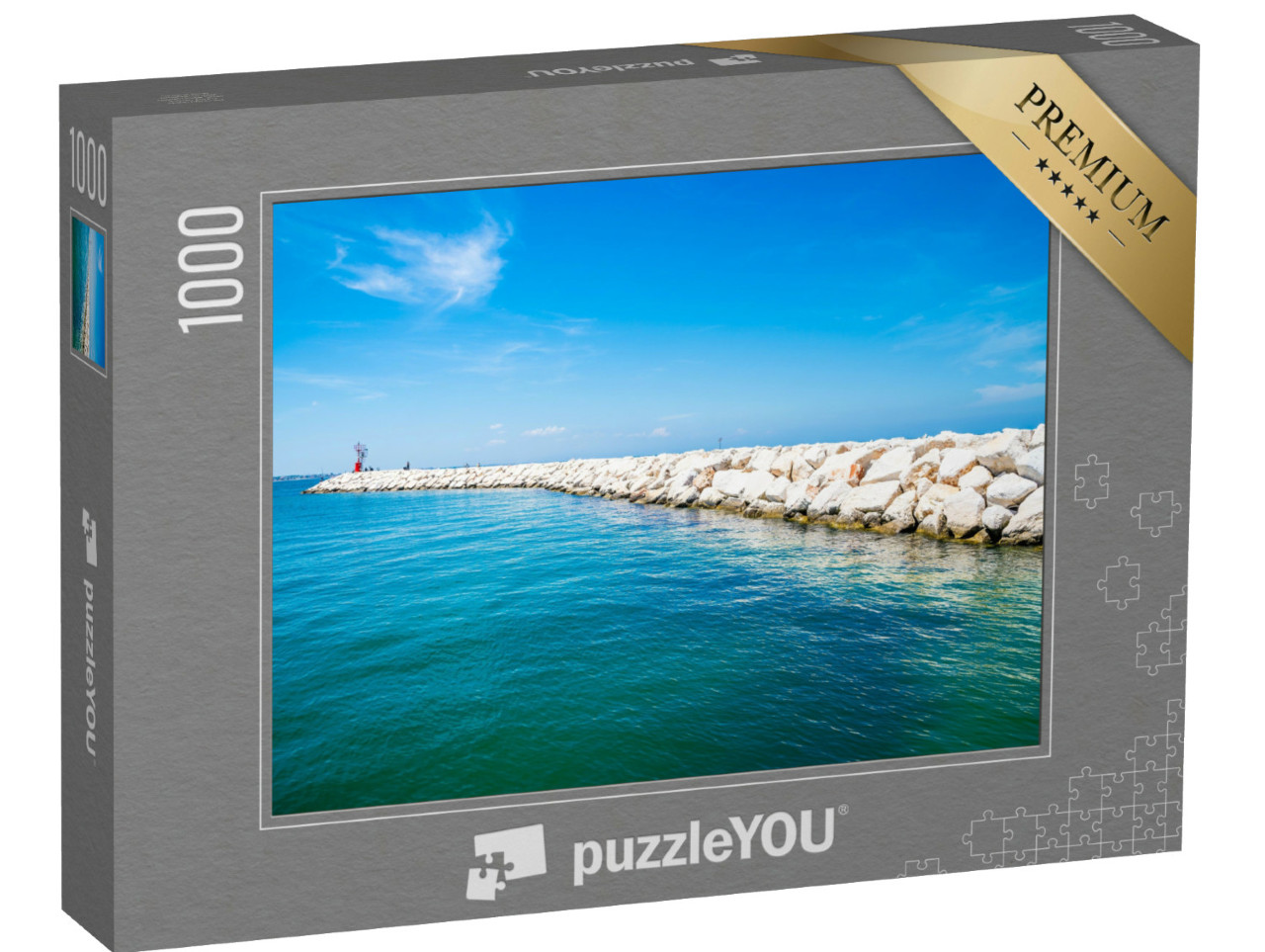 Puzzle 1000 pezzi „Una vista lungo il lato della diga foranea del porto di Rimini, in Italia, in estate“