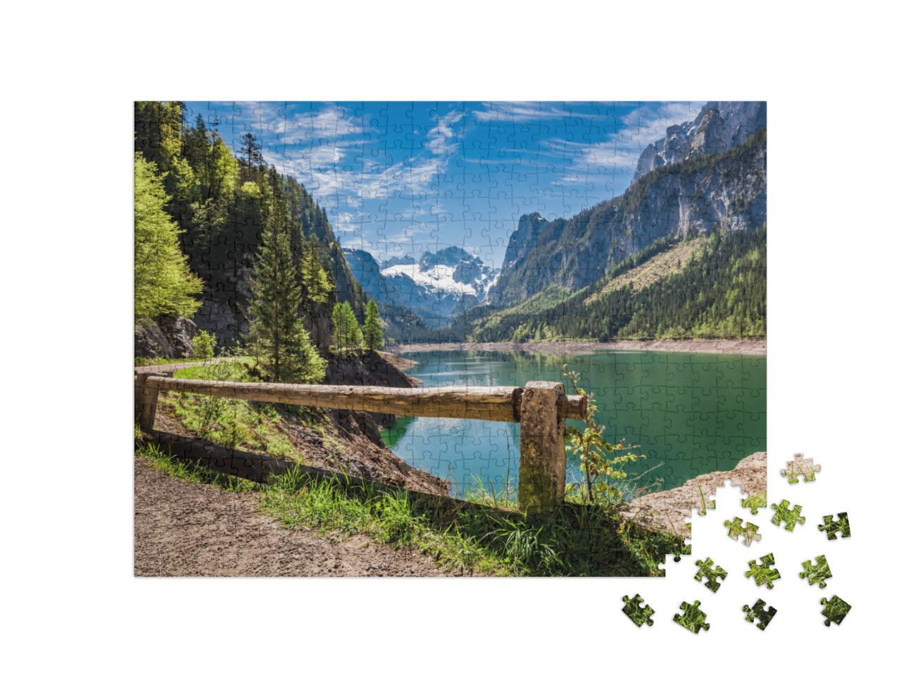 Puzzle 500 pezzi „Cielo blu brillante sul lago di Gosau a Gosau, Alpi, Austria“