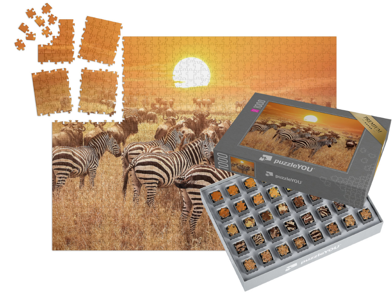 SMART SORTED® | Puzzle 1000 pezzi „Zebra al tramonto nel Parco Nazionale del Serengeti, Africa, Tanzania“