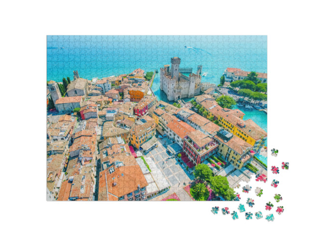 Puzzle 1000 pezzi „Castello della Rocca Scaligera a Sirmione, Lago di Garda, Italia“