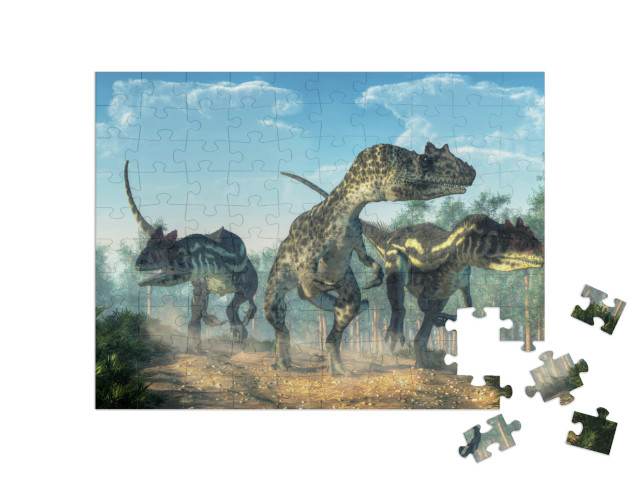 Puzzle 100 pezzi „Tre allosauri sollevano polvere“