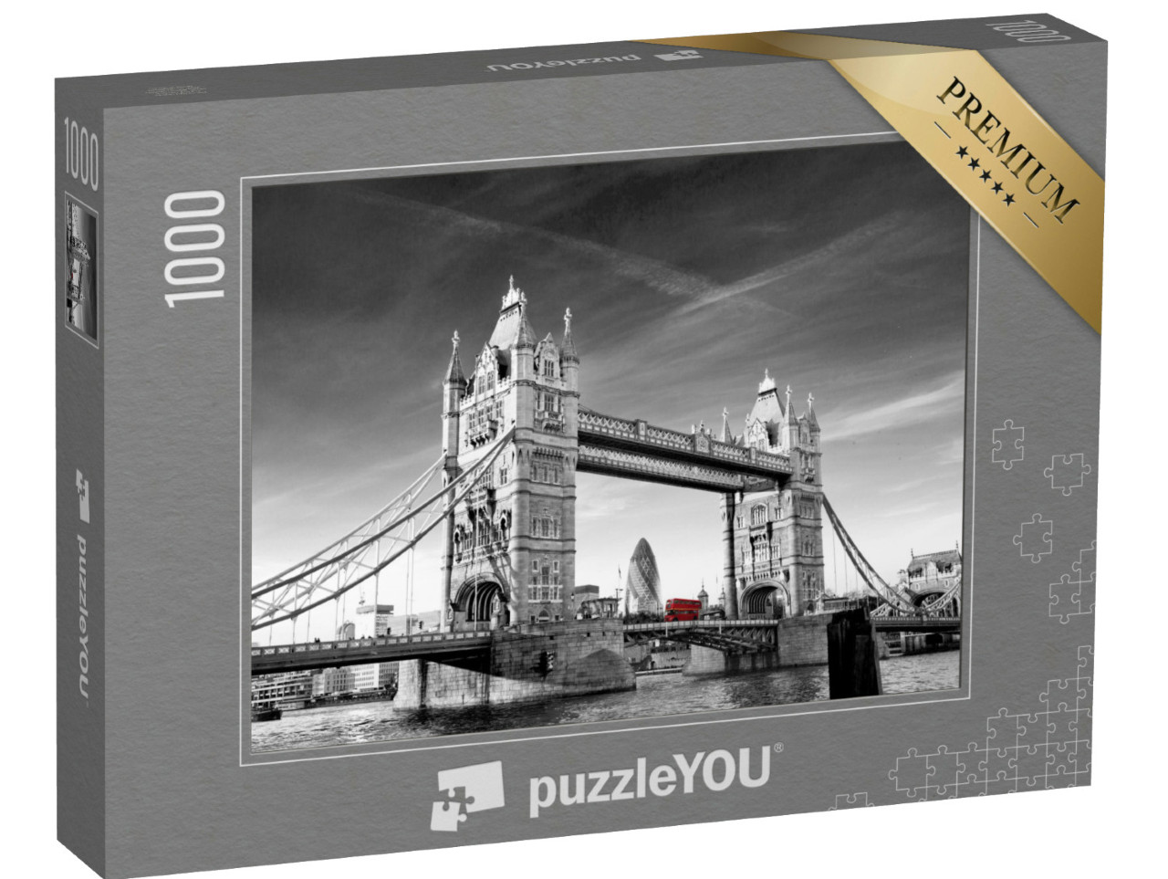 Puzzle 1000 pezzi „Il Tower Bridge di Londra con il Gherkin e l'autobus Routmaster“
