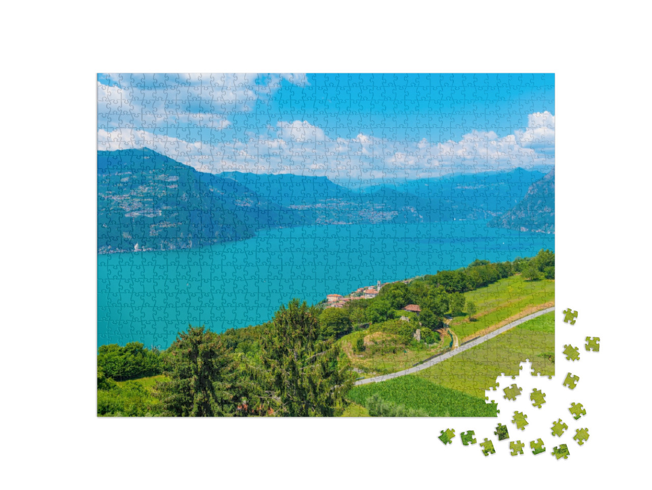 Puzzle 1000 pezzi „Vista aerea del lago d'Iseo e del paese di Siviano da Monte Isola in Italia“