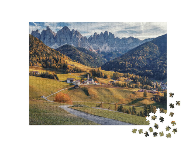 Puzzle 1000 pezzi „Villaggio e chiesa di Santa Maddalena, Dolomiti, Italia“