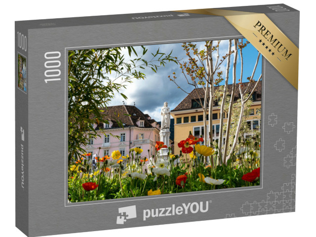 Puzzle 1000 pezzi „la famosa piazza walther, simbolo di bolzano, circondata da fiori primaverili“