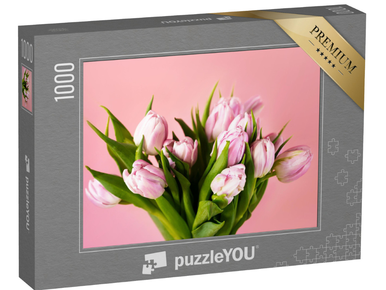 Puzzle 1000 pezzi „Primo piano di un bouquet di tulipani rosa per la festa della mamma“