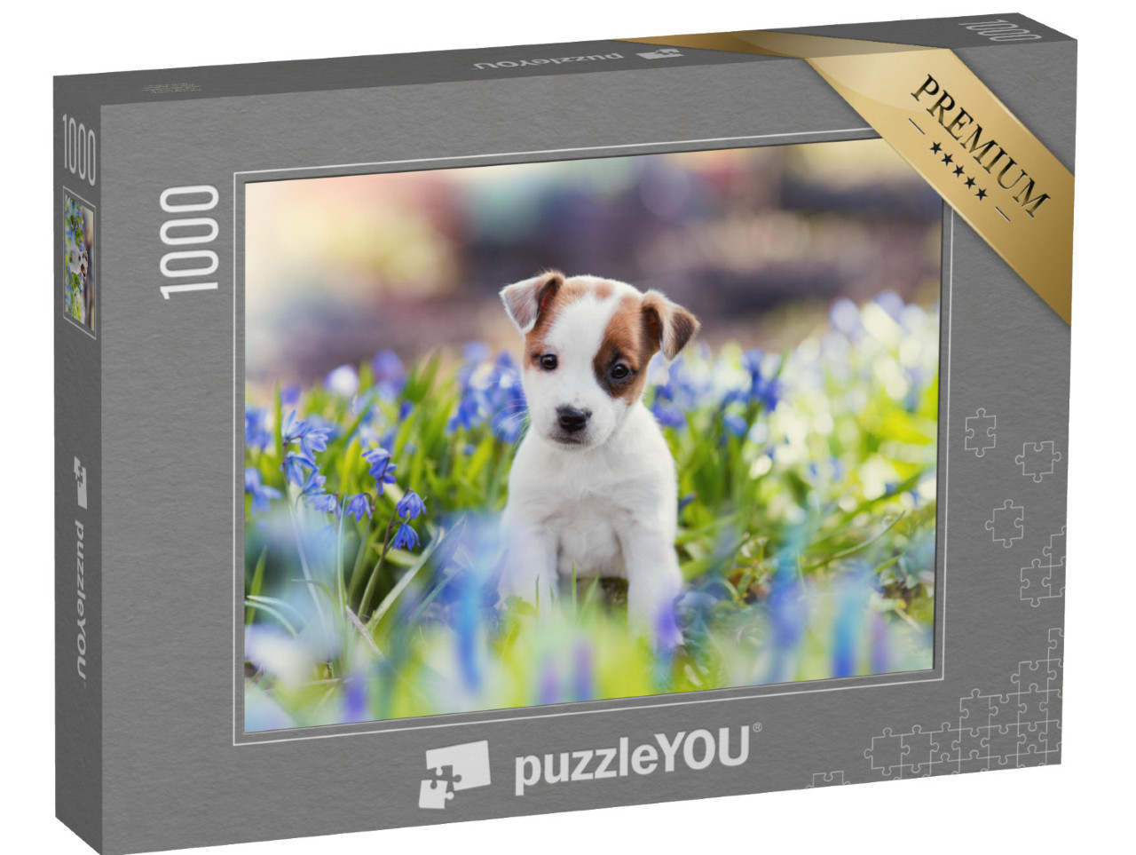 Puzzle 1000 pezzi „Cucciolo di Jack Russell terrier bianco in estate“