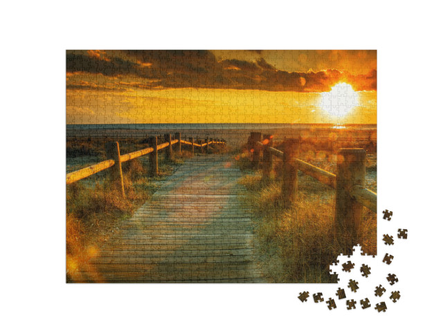 Puzzle 1000 pezzi „Passerella in legno verso il tramonto sulla spiaggia“