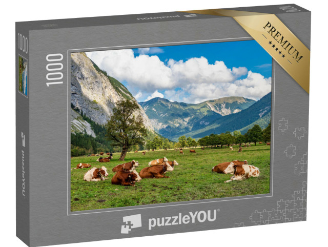 Puzzle 1000 pezzi „Pascolo di mucche e aceri ad Ahornboden, Karwendelgebirge, Tirolo“