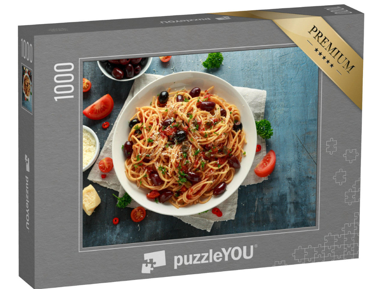 Puzzle 1000 pezzi „Pasta alla puttanesca con aglio, olive, capperi, pomodori e acciughe“