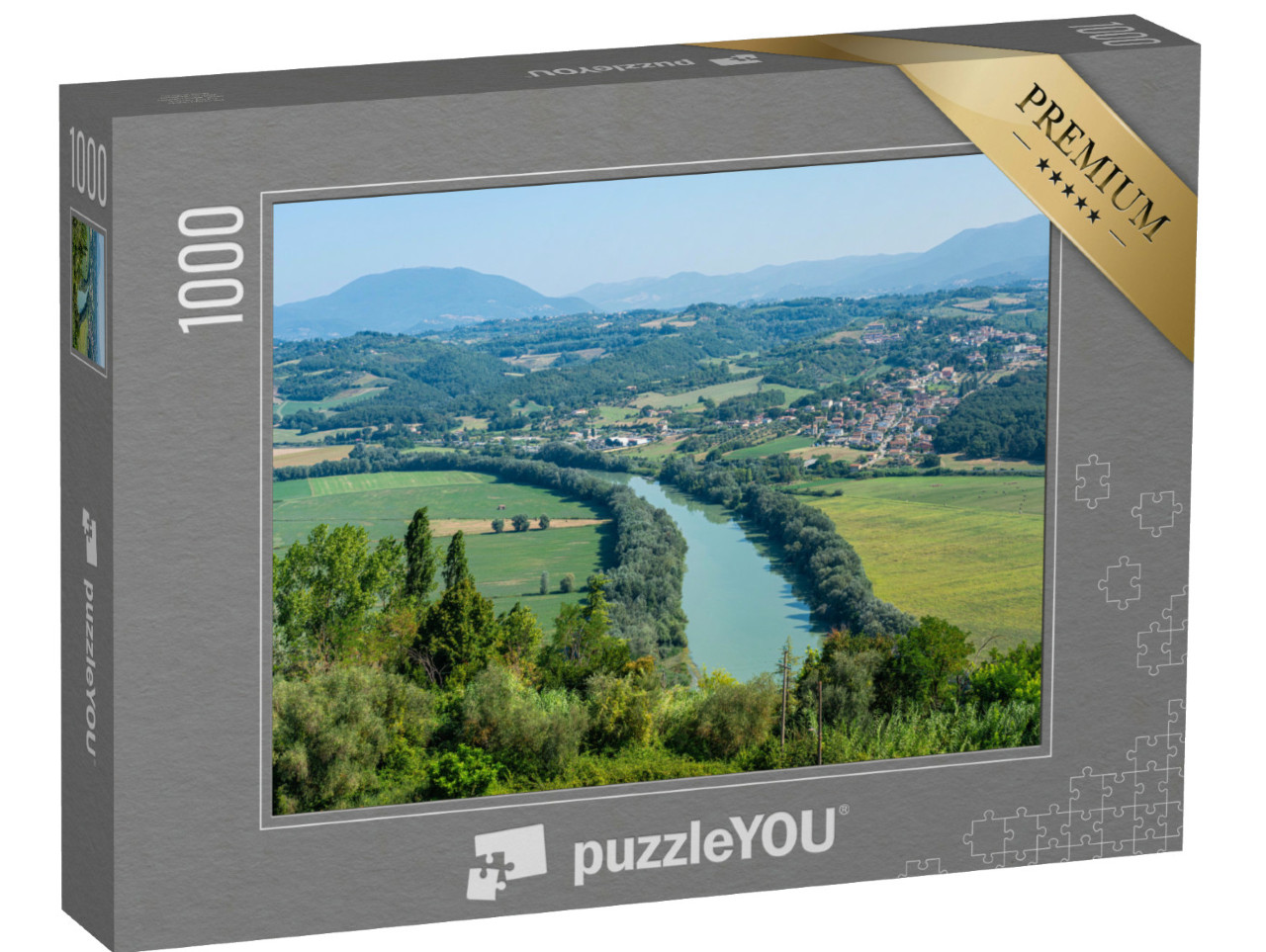 Puzzle 1000 pezzi „Vista panoramica del fiume Tevere dal paese di Filacciano, in provincia di Roma, Lazio, Italia.“