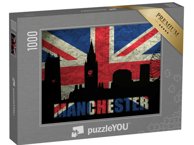 Puzzle 1000 pezzi „Lo skyline di Manchester su una bandiera grunge britannica“