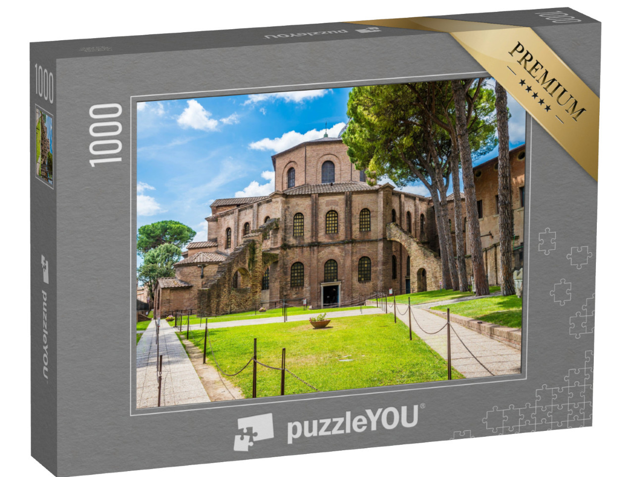 Puzzle 1000 pezzi „Una veduta del giardino sul retro della Basilica di San Vitale a Ravenna, in Italia, in estate“