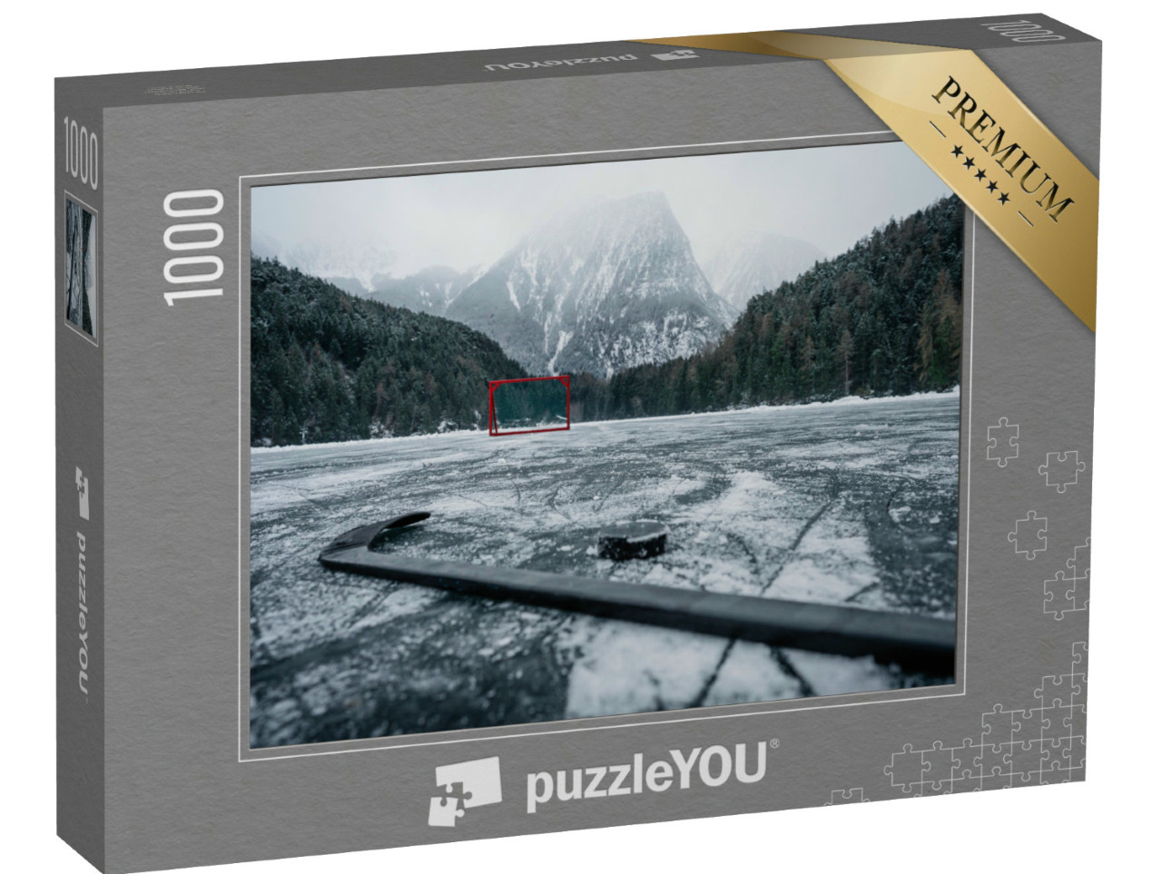 Puzzle 1000 pezzi „Gol di hockey su ghiaccio in una pista vuota all'aperto“