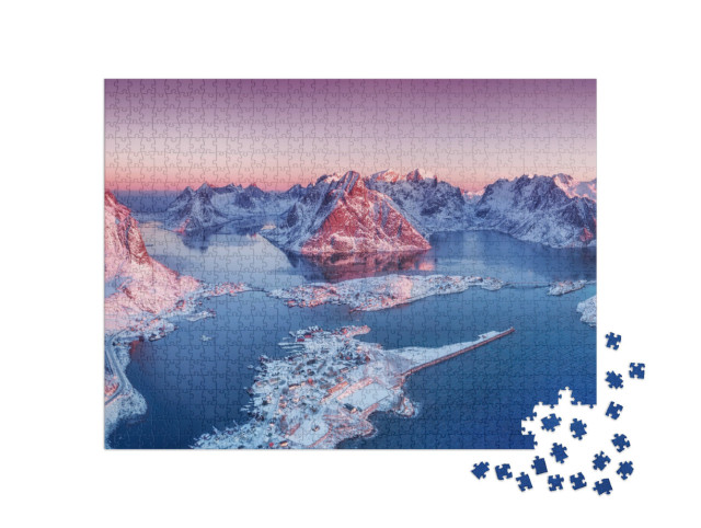 Puzzle 1000 pezzi „Vista aerea delle Isole Lofoten al tramonto: montagne e mare“
