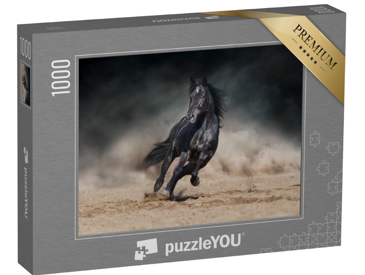 Puzzle 1000 pezzi „Uno stallone nero galoppa sulla polvere del deserto“