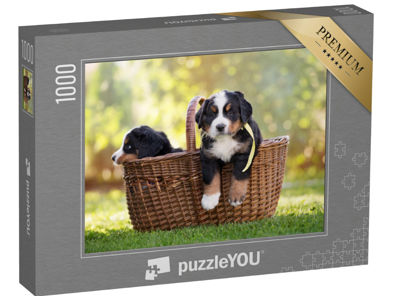 Puzzle 1000 pezzi „Cane da montagna bernese in un cesto all'aperto“