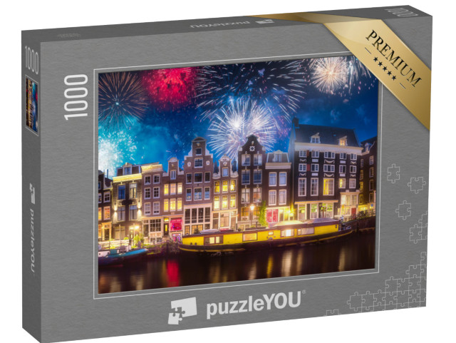 Puzzle 1000 pezzi „Spettacolare spettacolo pirotecnico sul centro storico di Amsterdam, Paesi Bassi“