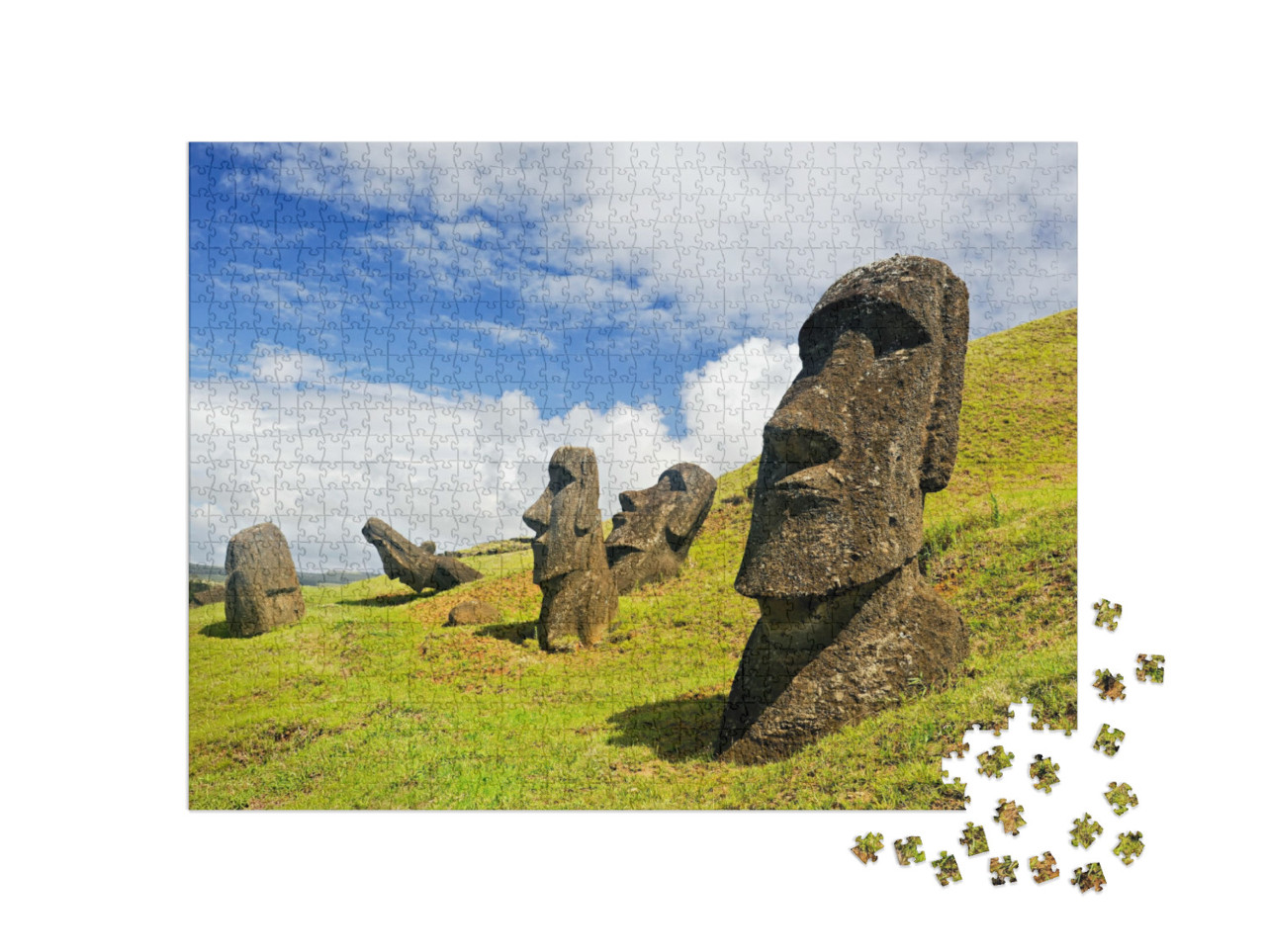 Puzzle 1000 pezzi „Figure di pietra Moai nel Parco Nazionale di Rapa Nui, Isola di Pasqua, Cile“