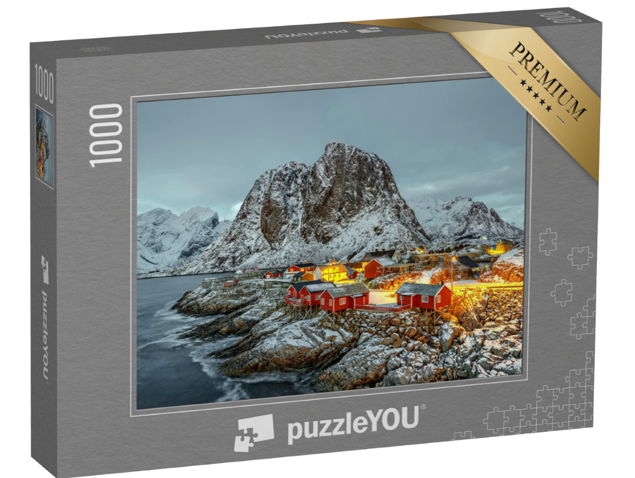 Puzzle 1000 pezzi „Capanno da pesca al tramonto, panorama delle Isole Lofoten, Norvegia“