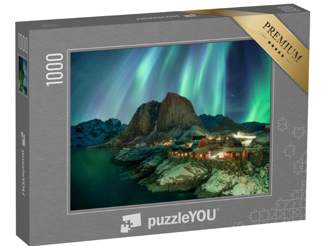 Puzzle 1000 pezzi „Aurora boreale su villaggio di pescatori con catena montuosa, costa di Hamnøy, Norvegia“