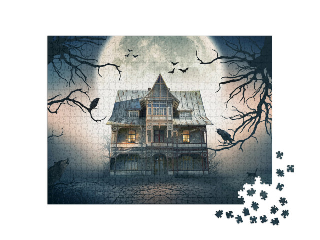 Puzzle 1000 pezzi „Illustrazione: Casa stregata con la luna piena“