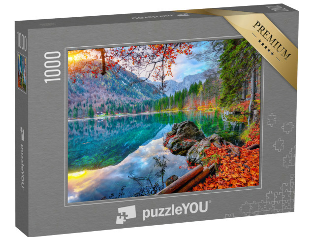 Puzzle 1000 pezzi „Tramonto sul lago di Fusine con la cima del Mangart sullo sfondo, Provincia di Udine, Italia“