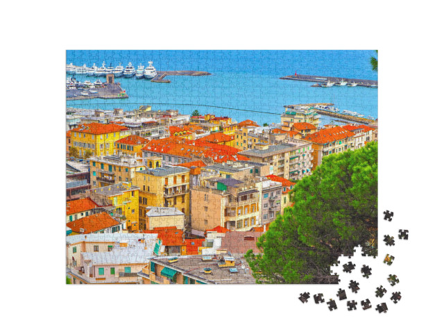 Puzzle 1000 pezzi „Vista del porto di San Remo e della città sulla Riviera Azzurra, provincia di Imperia“
