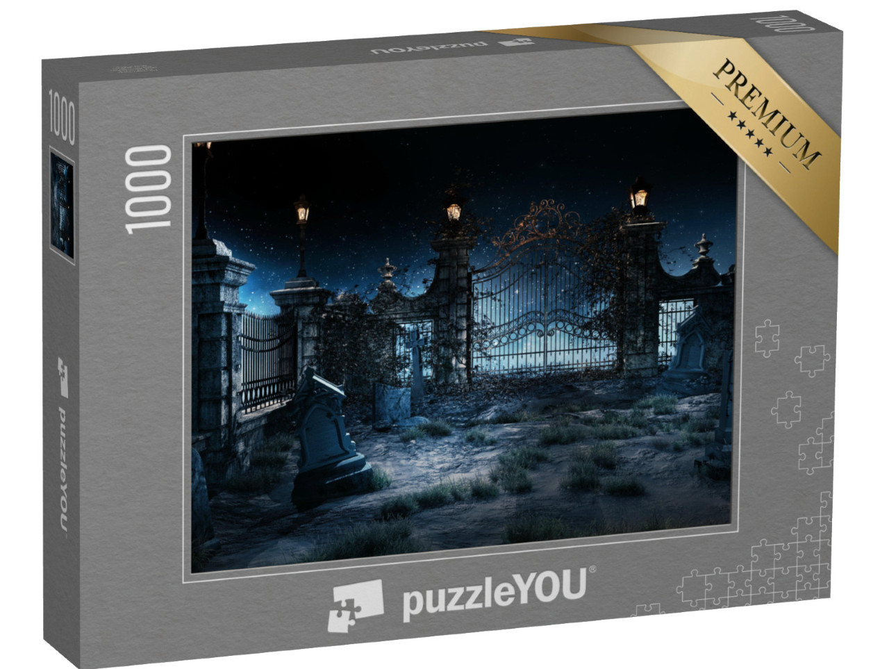 Puzzle 1000 pezzi „Cimitero gotico con cancello in ferro e lanterne“