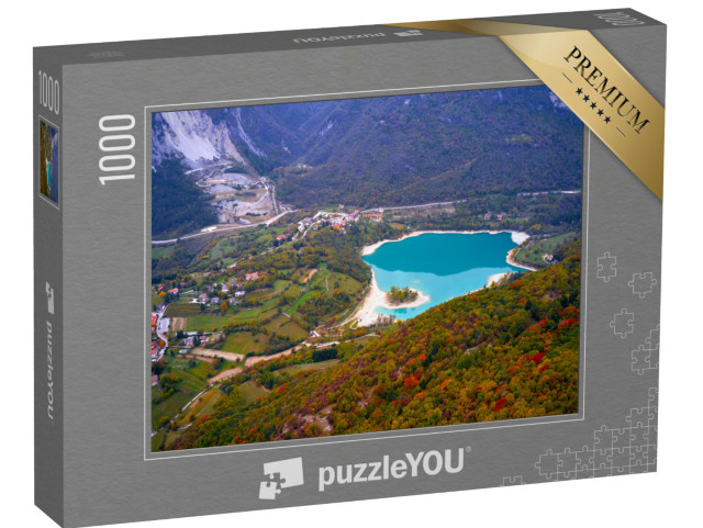 Puzzle 1000 pezzi „Arial Vista del lago di Tenno in autunno, Trento, Italia. Lago turchese tra le montagne“
