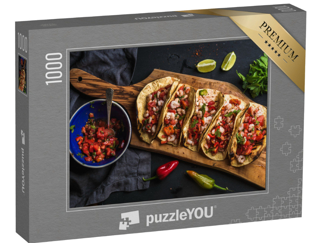 Puzzle 1000 pezzi „Cucina messicana: tacos di gamberi con salsa fatta in casa“