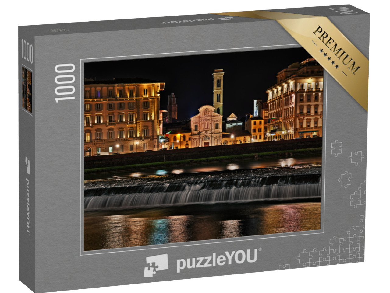 Puzzle 1000 pezzi „Firenze, Toscana, Italia: paesaggio notturno della città con il fiume Arno e la Chiesa di Ognissanti“