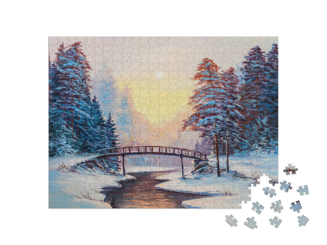 Puzzle 500 pezzi „Paesaggio invernale con fiume, pittura ad olio originale“