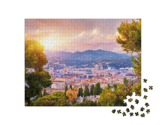 Puzzle 1000 pezzi „Vista aerea di Nizza, Costa Azzurra al tramonto, Francia“