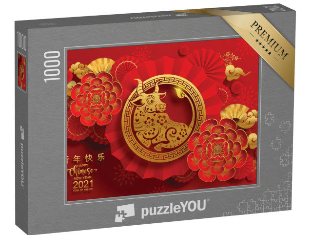 Puzzle 1000 pezzi „Anno del Bue, Capodanno cinese 2021, carta rossa e oro“