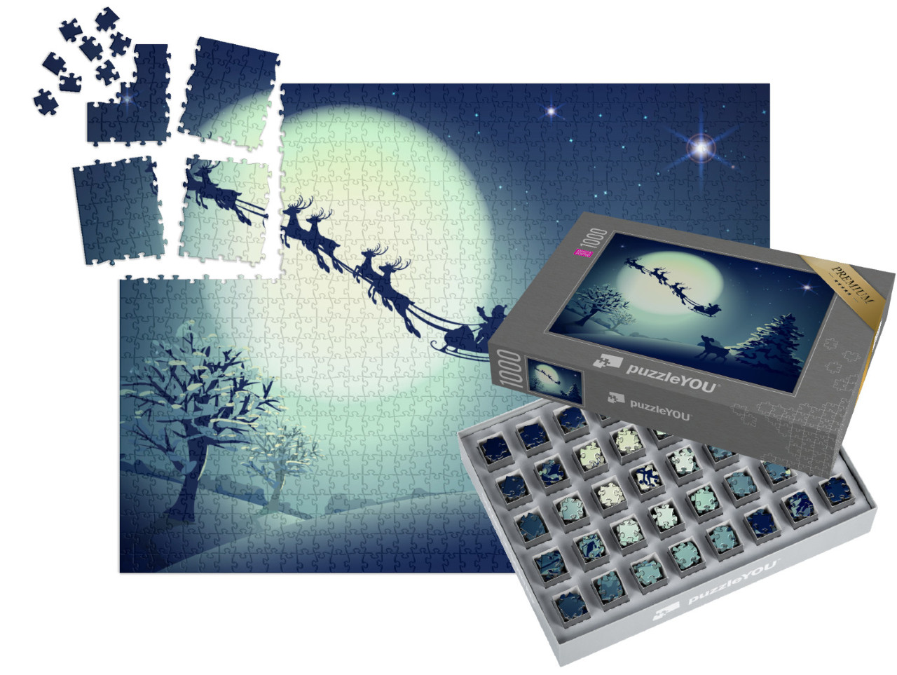 SMART SORTED® | Puzzle 1000 pezzi „Babbo Natale in slitta, renne, luna piena, biglietto d'auguri“