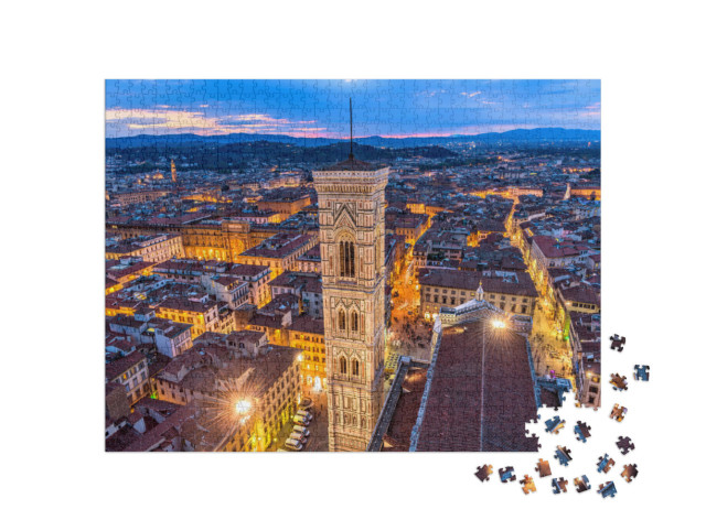 Puzzle 1000 pezzi „Veduta aerea al tramonto del Campanile di Giotto, centro storico di Firenze“