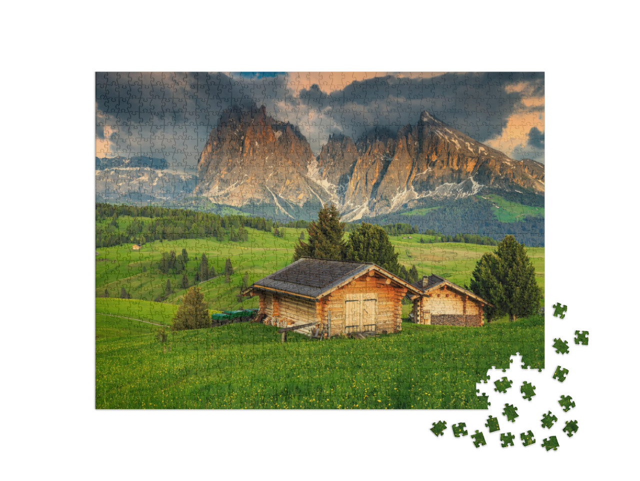 Puzzle 1000 pezzi „Primavera sull'Alpe di Siusi con il Gruppo del Sassolungo, Dolomiti, Italia“