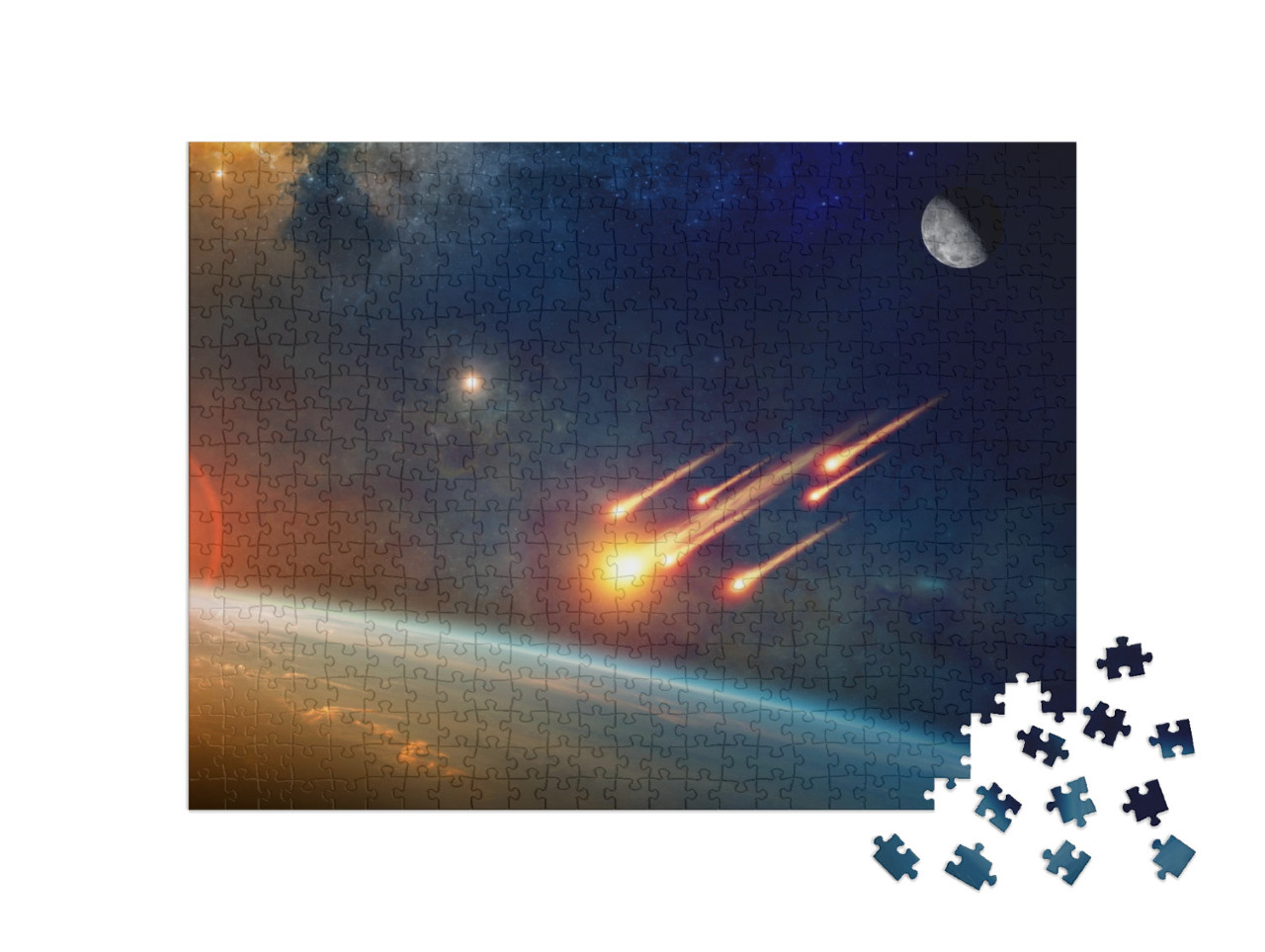 Puzzle 500 pezzi „Impatto di asteroidi, gruppo di asteroidi in fiamme si avvicina alla Terra“