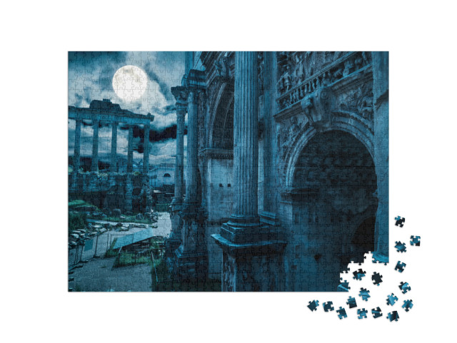 Puzzle 1000 pezzi „Roma di notte, Italia. Vista immaginifica dell'antico Foro Romano, simbolo di Roma“