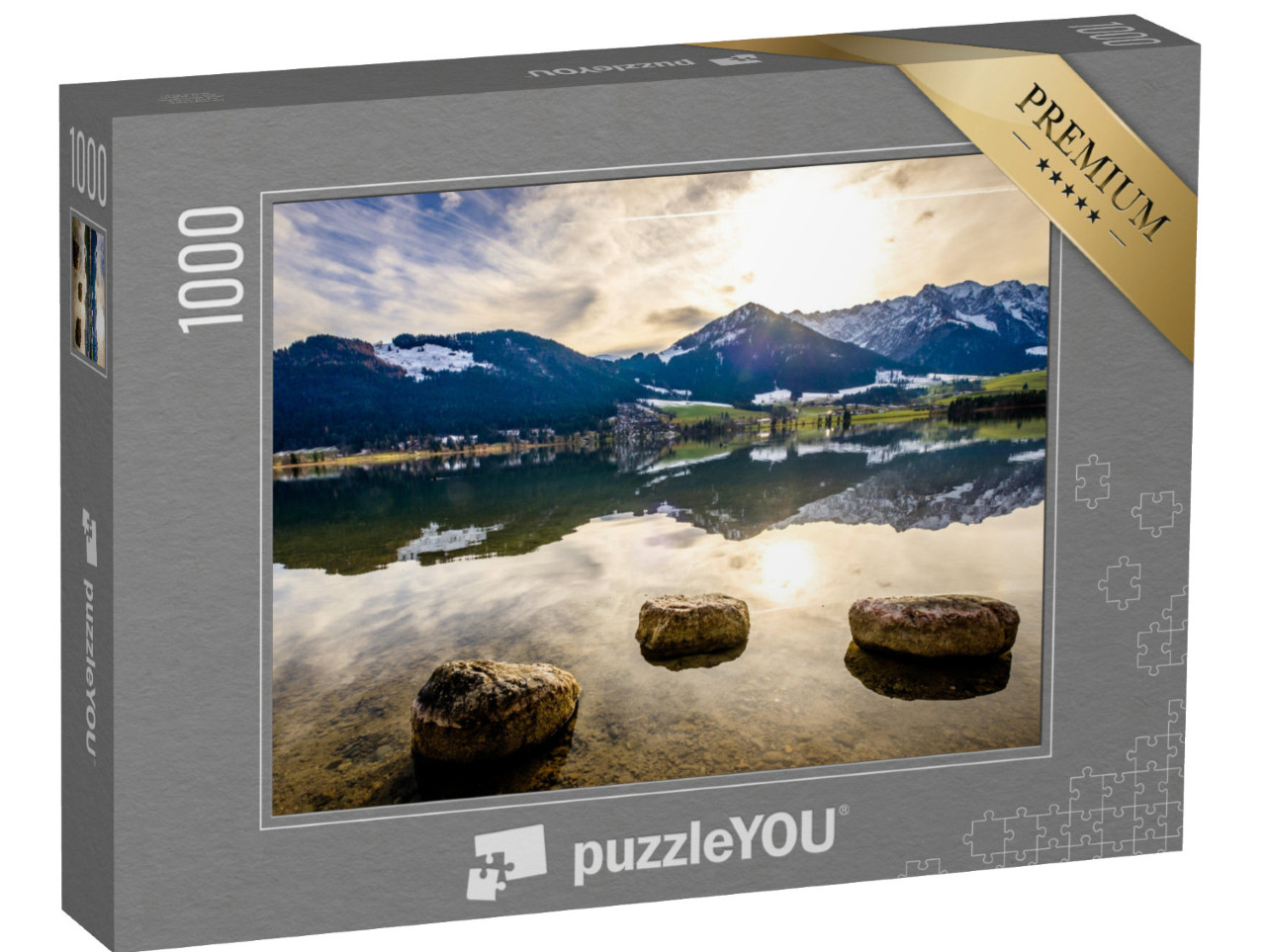 Puzzle 1000 pezzi „Wilder Kaiser e Zahmer Kaiser sul lago Walchsee in Austria“